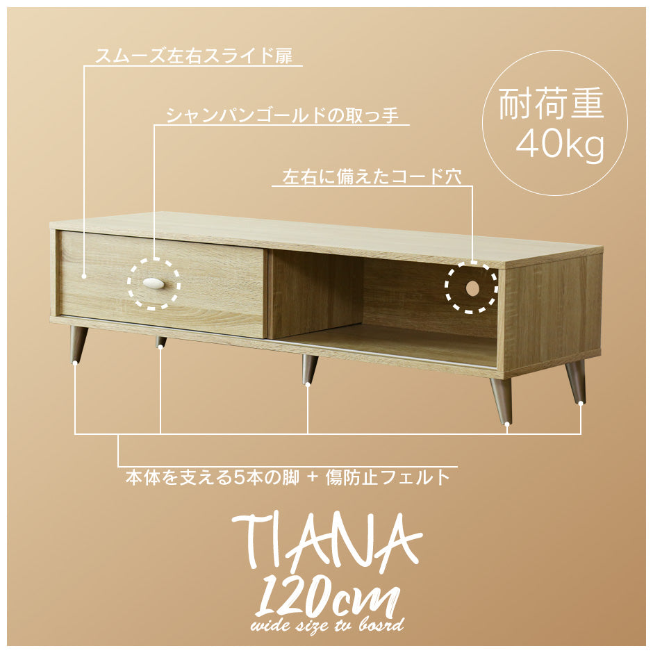 テレビ台 50インチ対応 ローボード 脚付き テレビボード コード穴付き スライド扉付 幅120cm ティアナ120