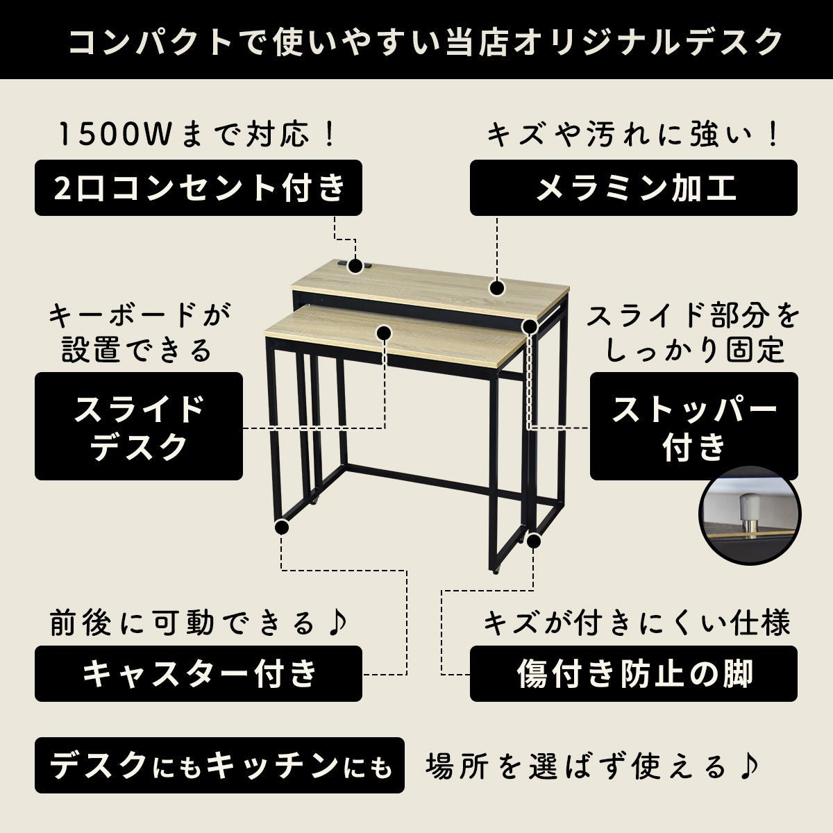 キズがつきにくく、収納性も抜群！デスク、チェスト2点セット 明るく