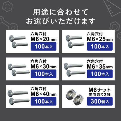 M6×20mm~40mmネジ 各100本入り／M6ナット300個入り