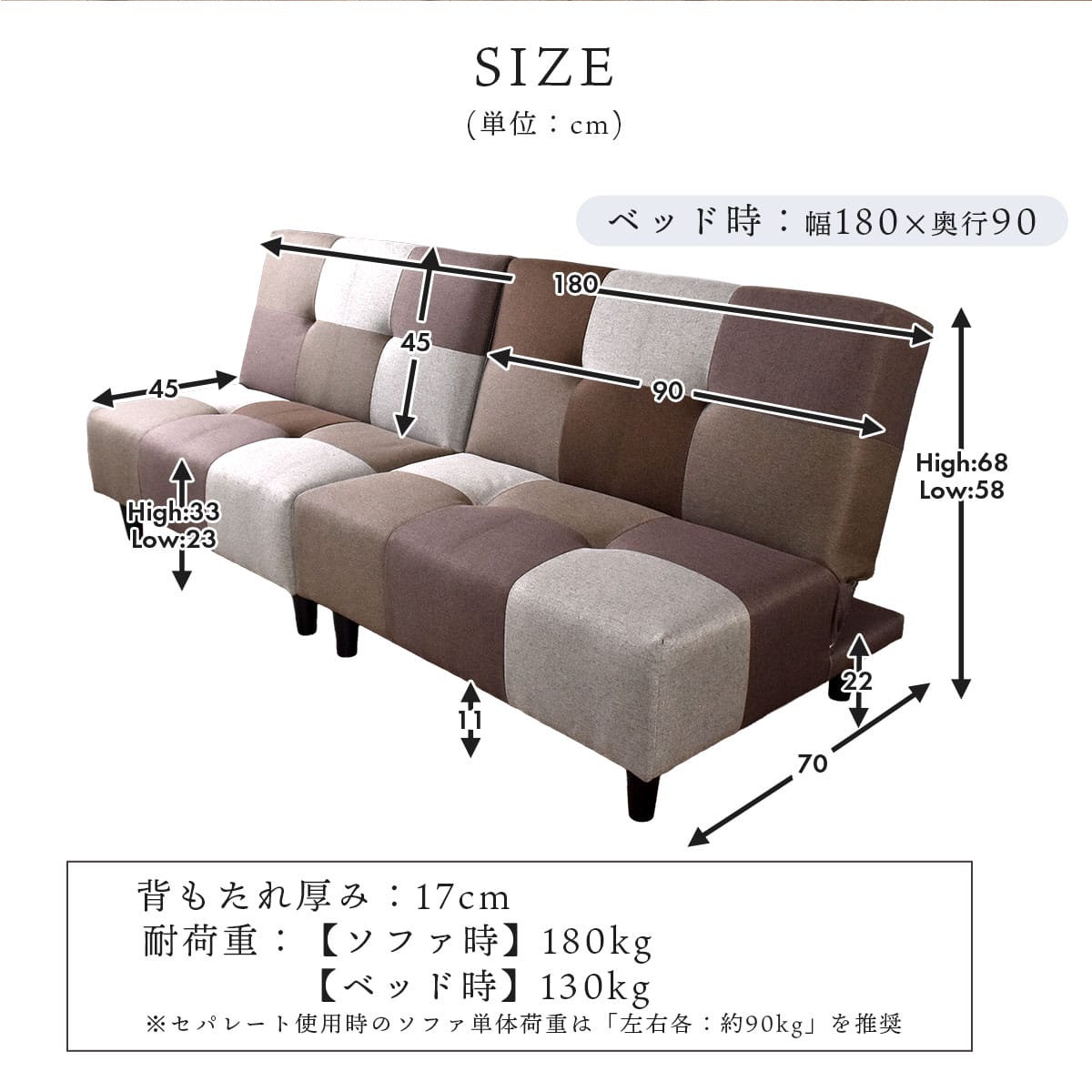 2人掛けソファーベッド  幅180 ミリエラ