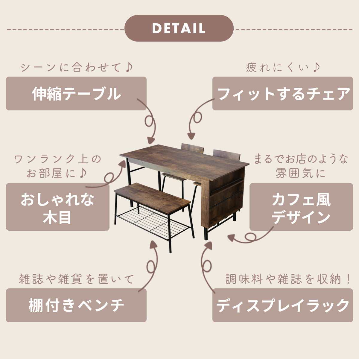 ダイニングセット モカ4点セット テーブル チェア ベンチ